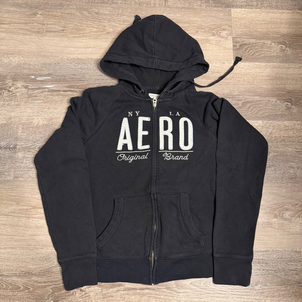 Aeropostale Women's S/M Black Full Zip Hoodie AERO Graphic Sweatshirt NY LA